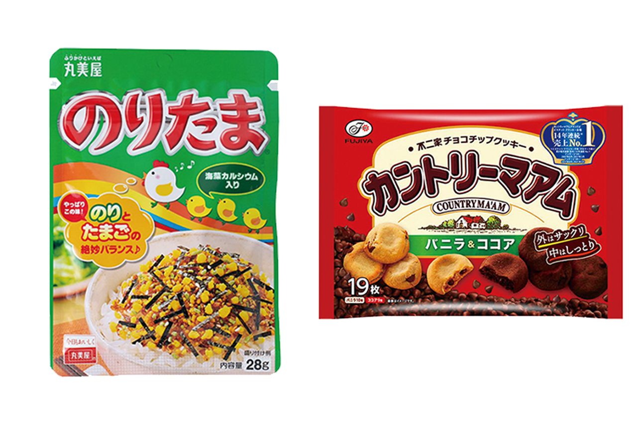 実はあんこが使われている、丸美屋の「のりたま」（左）や不二家の「カントリーマアム」（右）