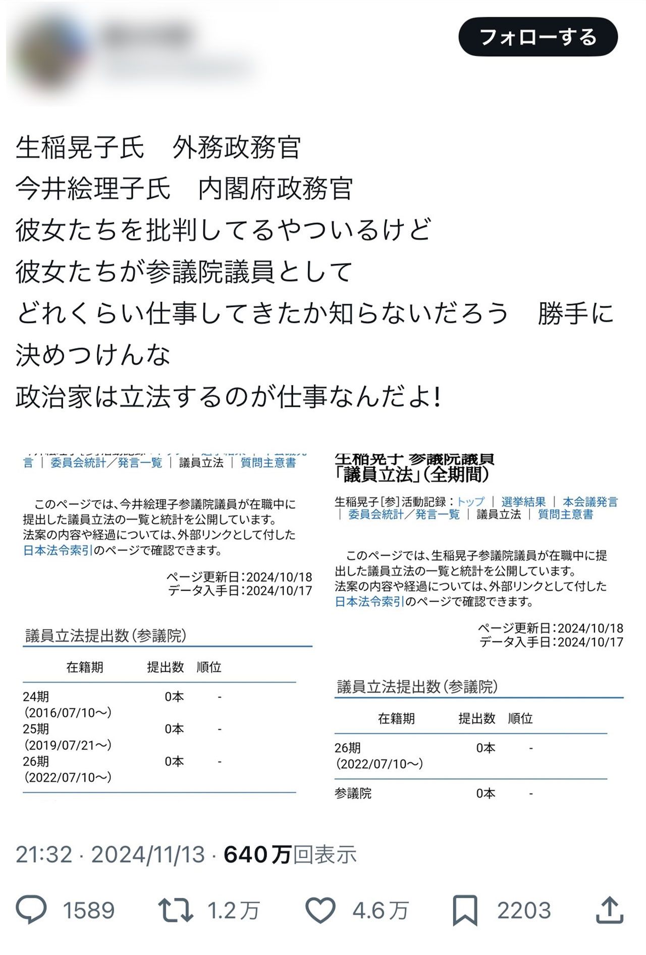 今井絵理子の議員立法が0本であることを揶揄するXのポスト