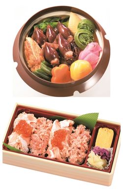 上：「富山の春色蛍いかの釜飯」（1200円／各日500食販売予定）　下：「ニャがおかあふれ海鮮かんぴょう巻寿し」（1180円／各日600食販売予定）