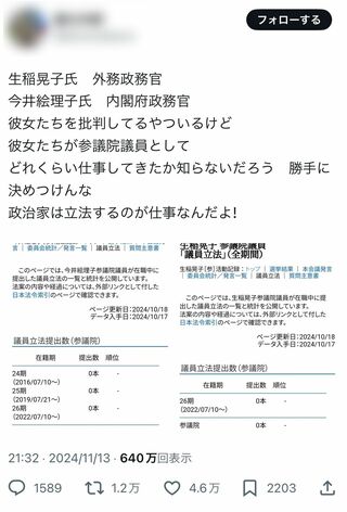 今井絵理子の議員立法が0本であることを揶揄するXのポスト