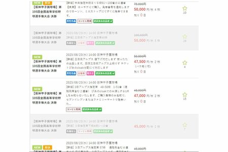 甲子園チケット転売問題。定価3700円の3塁指定席が、13倍超の5万円で取引されているものもあった