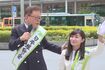 6月12日、吉祥氏駅前での街頭演説で海老沢由紀候補に触れる猪瀬直樹氏(『大阪維新の会』公式YouTubeより)