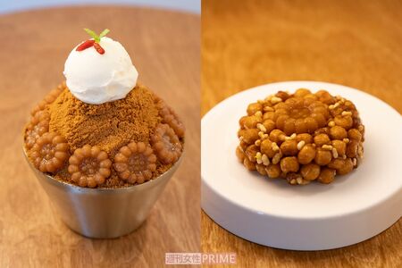 韓国のかき氷「ピンス」にヤックァをトッピングした、「ヤックァ爆発・ピンス」（左）と、サクサクしたあられをシロップで固めた「オランダ」という韓国の伝統菓子にヤックァをトッピングした、「ヤックァオランダ」（右）写真／齋藤周造