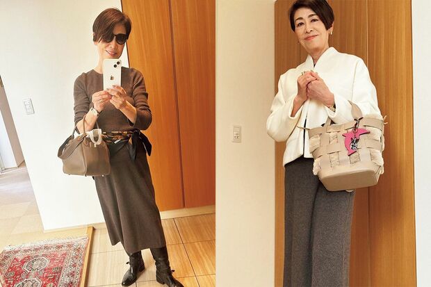 「エルメス」のスカーフでウエストマーク！（右）ショートコートをはおってランチ会へお出かけ（左）