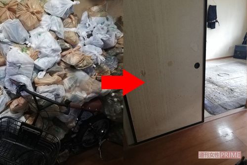 コンビニの袋に入ったゴミであふれているほか、なぜか自転車も。清掃後（写真右）には広々とした部屋が現れた。