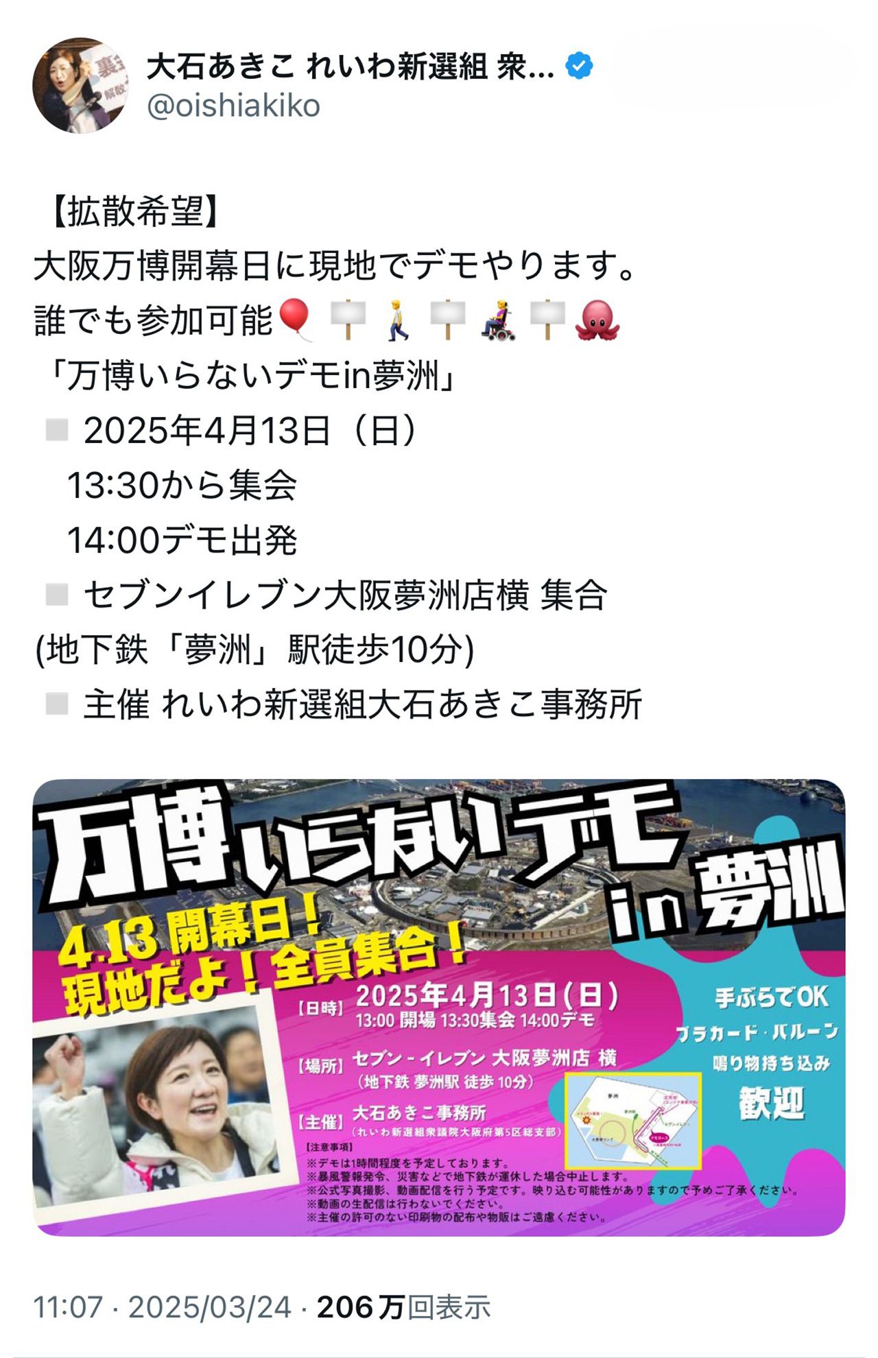 「万博いらないデモ」を呼びかける大石あきこ氏(本人Xより)