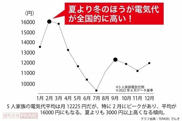 電気代、全国的に高くなるのは「冬」！　グラフ出典：TERASELでんき