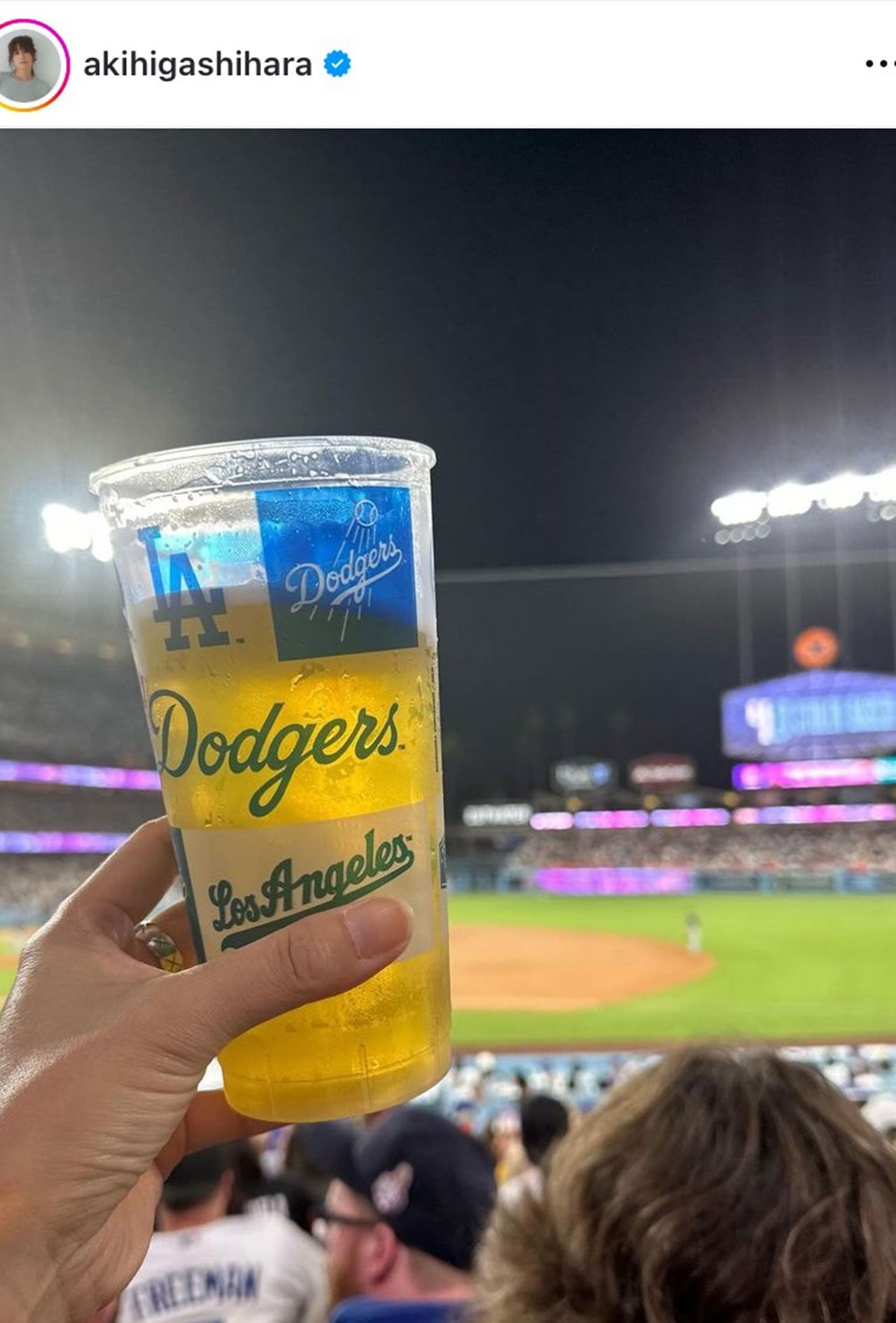 東原亜希がドジャースタジアムを訪れ、大谷の“40本塁打＆40盗塁”達成の瞬間を目撃した（東原のインスタグラムより）