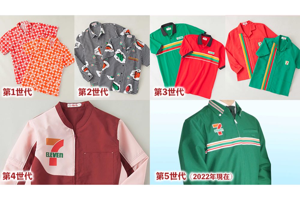 セブン-イレブンのこれまでのユニフォームの変遷、右下は現在のもの（公式Xより）