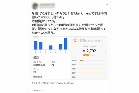 Twitterで宅配代行サービスでの収入を報告する市川拓磨容疑者