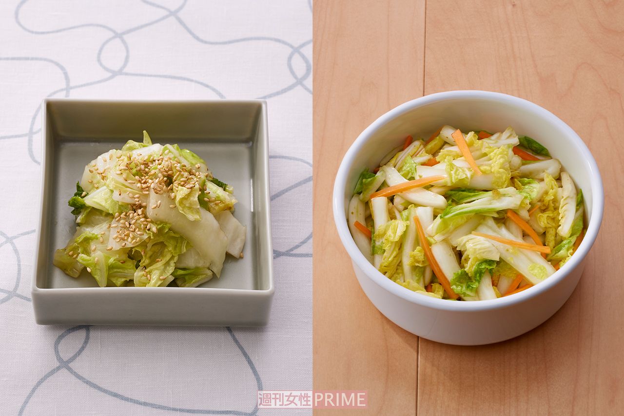 中華風やみつき白菜（左）と白菜の柚子こしょう漬け（右）