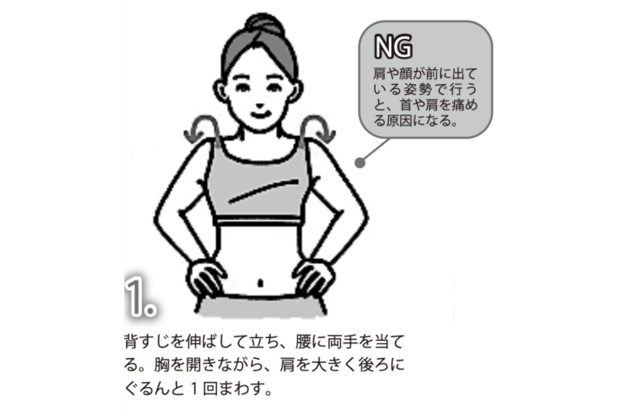 ひじパタパタ：1. 背すじを伸ばして立ち、腰に両手を当てる。胸を開きながら、肩を大きく後ろにぐるんと1回まわす。