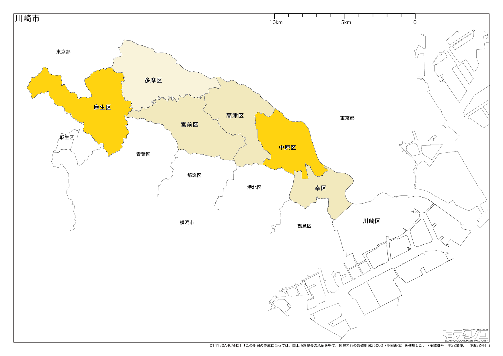 川崎市の進学率ランキング。地区別に色を塗り分けており、色が薄くなるにつれて進学率が低い（筆者作成）