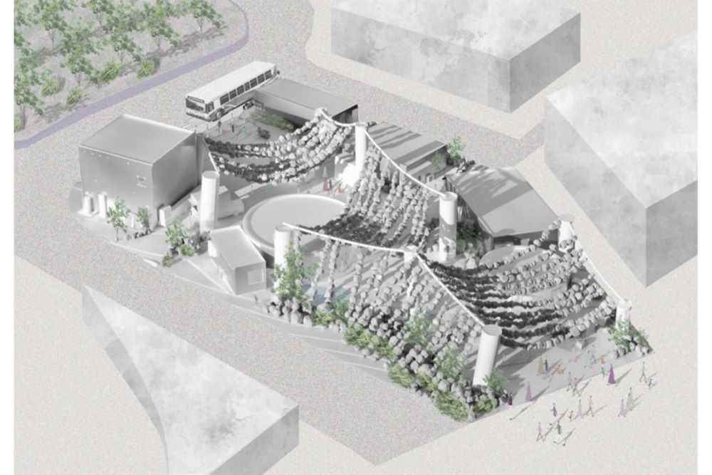 危険なのではないかと話題になった万博休憩所の“巨石カーテン”（EXPO2025プレスリリースより）