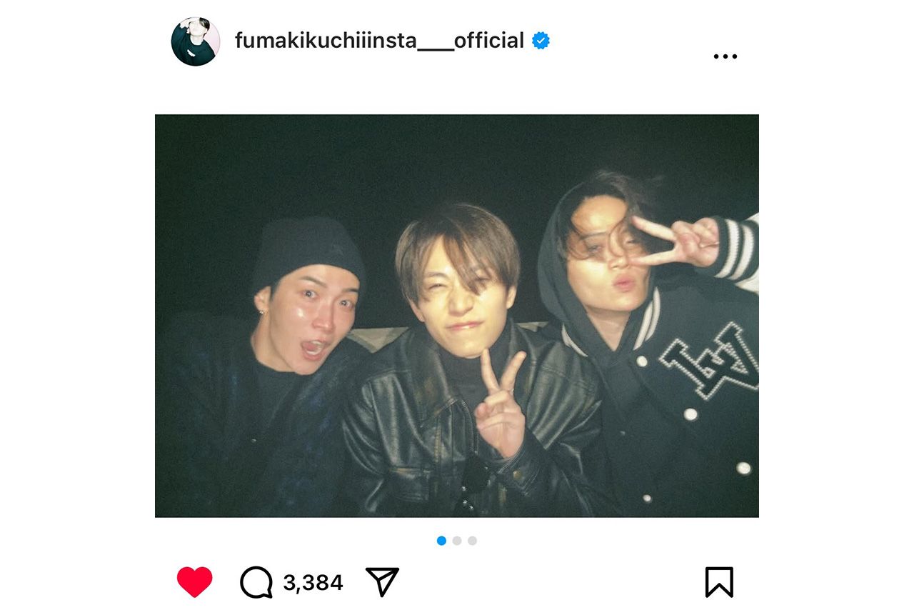 左からSnowManの渡辺翔太、timelesz新メンバーの橋本将生、菊池風磨。3月中旬、3人でサウナに足を運んだという（菊池のインスタグラムより）