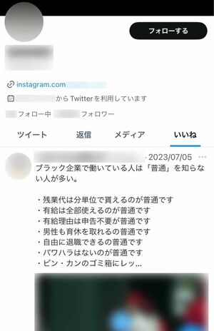 SKY-HIによるパワハラを訴えたS子さんのXの“いいね欄”には、ブラック企業やパワハラに関する投稿が並ぶ（S子さんのXより、画像は一部編集部で加工）