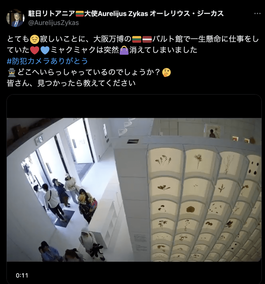 入口に飾られたミャクミャクを盗難する女性2人（Xより）