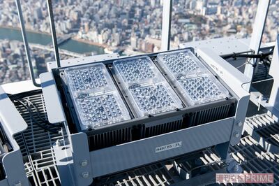 間接照明でツリーを照らすダイナペインター。照明部分にはLEDがぎっしりと埋め込まれている