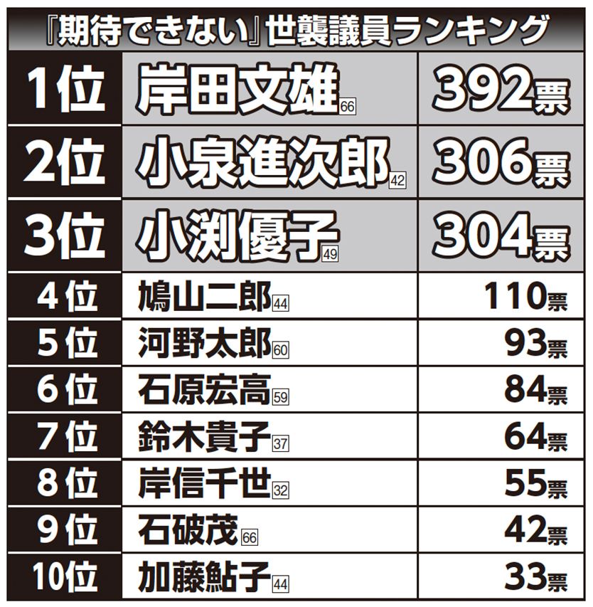 11位／橋本岳（18票）、12位／福田達夫（17票）、13位／土屋品子・自見英子（15票）、15位／中曽根康隆・鈴木俊一（14票）、17位／越智隆雄（11票）、18位／世耕弘成（10票）、19位／伊藤信太郎・西村康稔（9票）、21位／武部新・林芳正（8票）、23位／山口晋・平井卓也（7票）、25位／田村憲久・田野瀬太道・國場幸之助（6票）、28位／笹川博義・川崎秀人・宮下一郎（4票）、31位／尾身朝子（3票）、32位／高鳥修一・梶山弘志（2票）、34位／高村正大・逢沢一郎（1票）、「いない」（1207票）、有効回答数は2891票