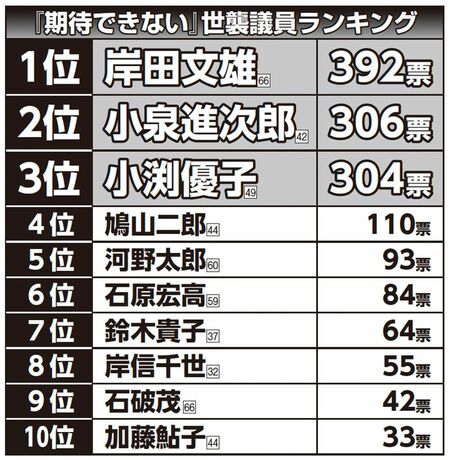 11位／橋本岳（18票）、12位／福田達夫（17票）、13位／土屋品子・自見英子（15票）、15位／中曽根康隆・鈴木俊一（14票）、17位／越智隆雄（11票）、18位／世耕弘成（10票）、19位／伊藤信太郎・西村康稔（9票）、21位／武部新・林芳正（8票）、23位／山口晋・平井卓也（7票）、25位／田村憲久・田野瀬太道・國場幸之助（6票）、28位／笹川博義・川崎秀人・宮下一郎（4票）、31位／尾身朝子（3票）、32位／高鳥修一・梶山弘志（2票）、34位／高村正大・逢沢一郎（1票）、「いない」（1207票）、有効回答数は2891票