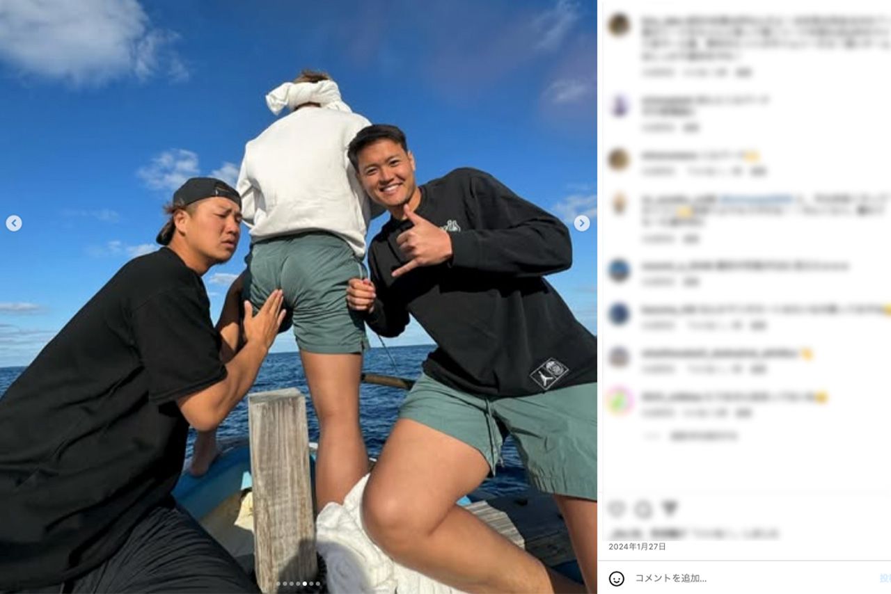 2024年1月、森友哉らとの自主トレを公開していた佐藤龍世（公式インスタグラムより）