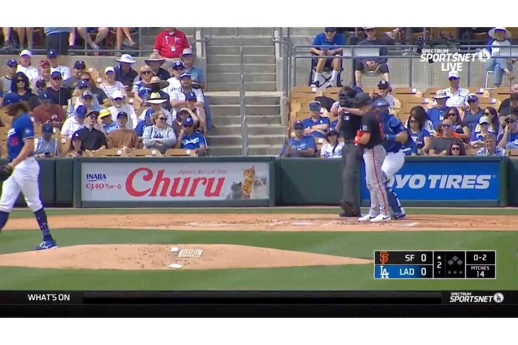 バックネット下に『TOYOTIRE』、『いなば食品』の広告が（ドジャース公式Ｘより）