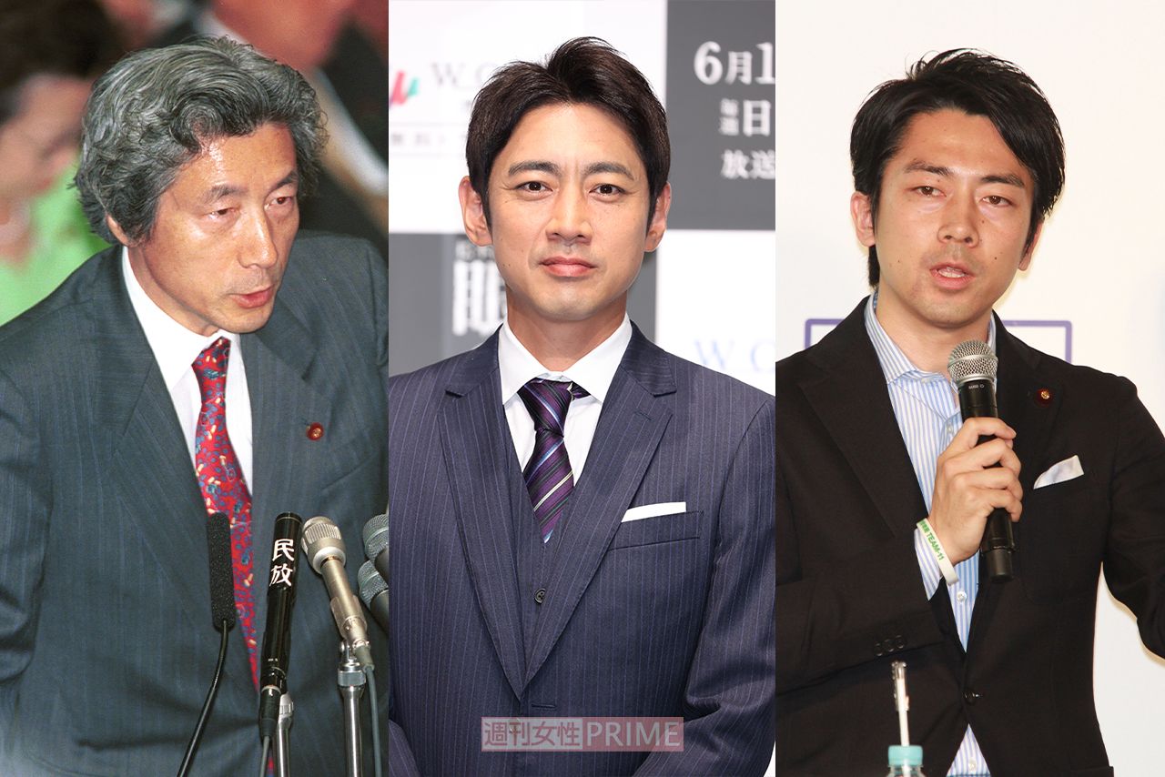 小泉孝太郎（中）は、父が元内閣総理大臣小泉純一郎氏（左）、弟が衆議院議員の小泉進次郎（右）