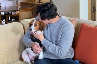 犬を抱いてMVP発表の番組に出演した大谷翔平（MLB公式Xより）