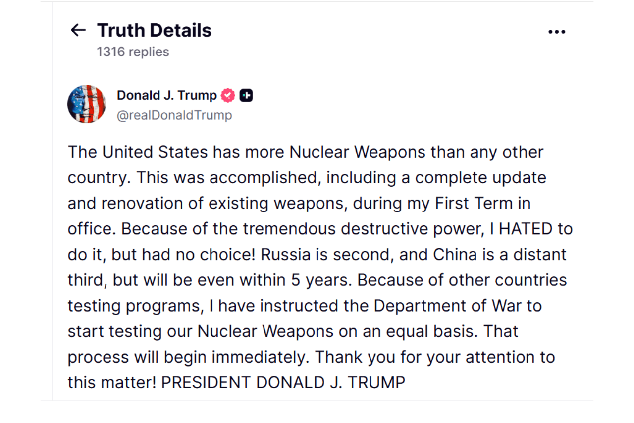 トランプ大統領がSNSに投降した核実験の指示（Xより）