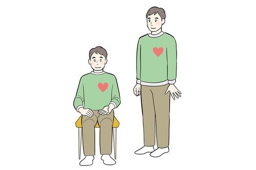 （1）手を心臓より下の位置に置く。立っていても、座っていてもOK。（イラスト／スギザキメグミ）