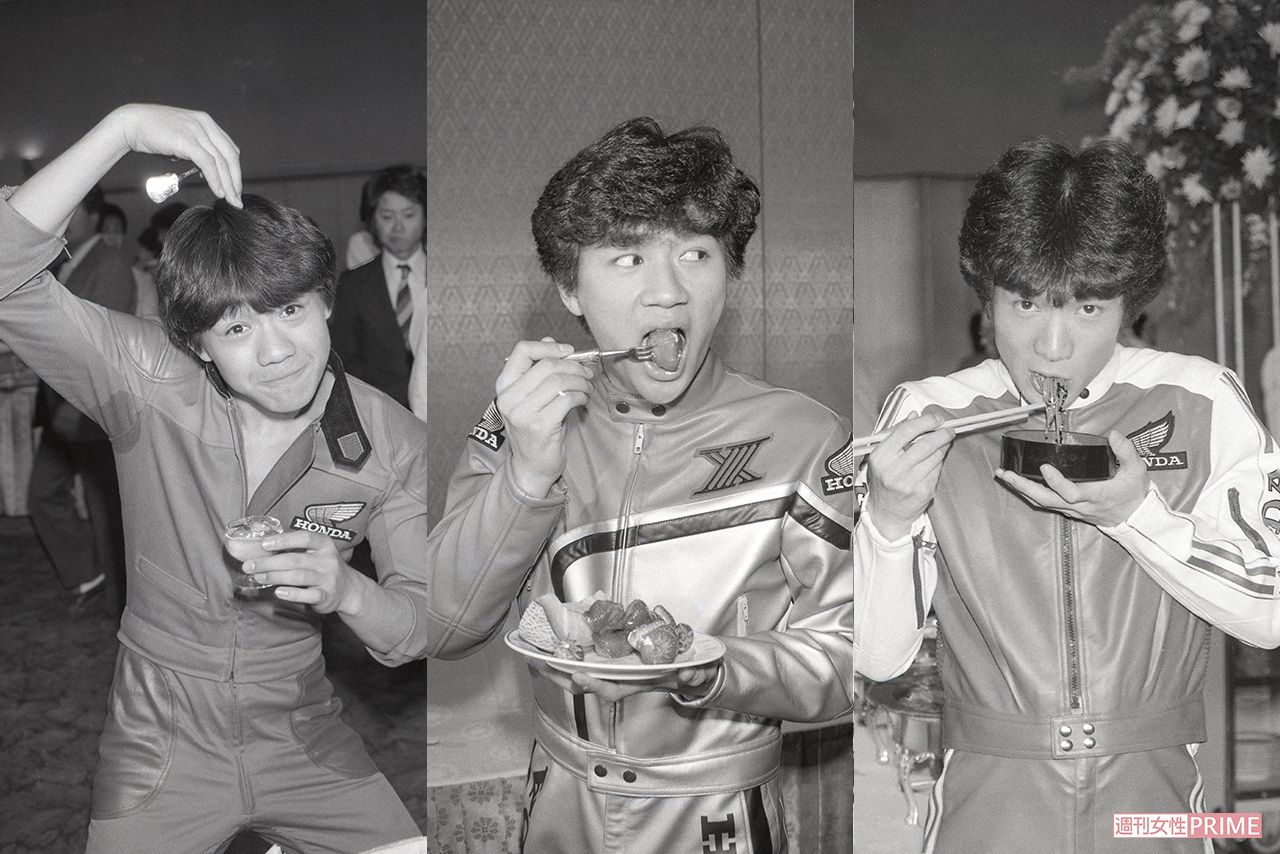 映画『ハイティーン・ブギ』製作発表会見。たのきんスーパーヒットシリーズの第4弾で、ヒロインは武田久美子。休憩時間には、ケータリングの食事をほおばりまくり!（'82年4月）