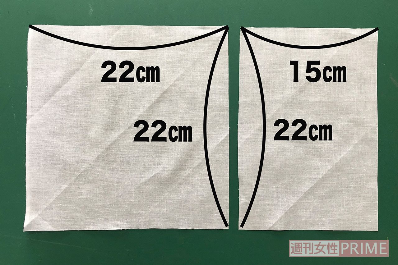 (1)布を寸法のとおりにカットする。これは標準サイズ。子ども用なら、縦横1〜2cmずつ小さくしてもOK。