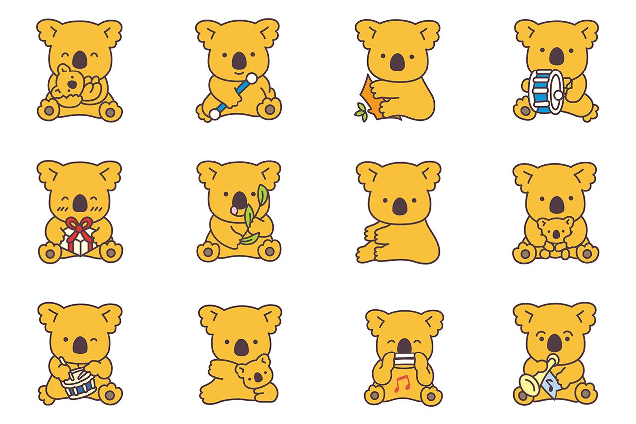 「コアラのマーチ」発売当初（1985年）の12種類の絵柄　（C）L/KMP