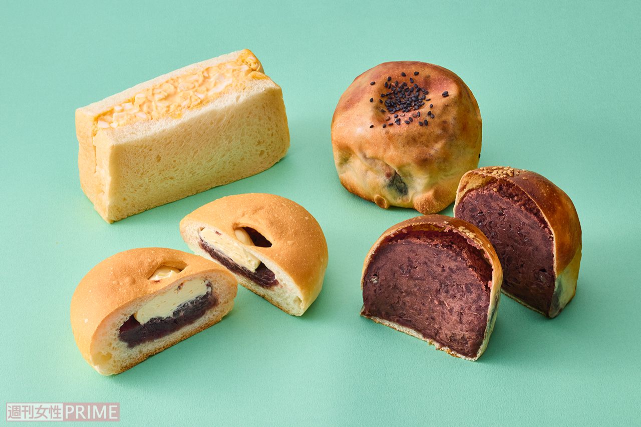 【究極のレトロ系パン】うす皮あんパン こし餡・おぐら餡（右）、奥久慈卵のサンドウィッチ（左上）、あんバター（左下）　撮影／廣瀬靖士