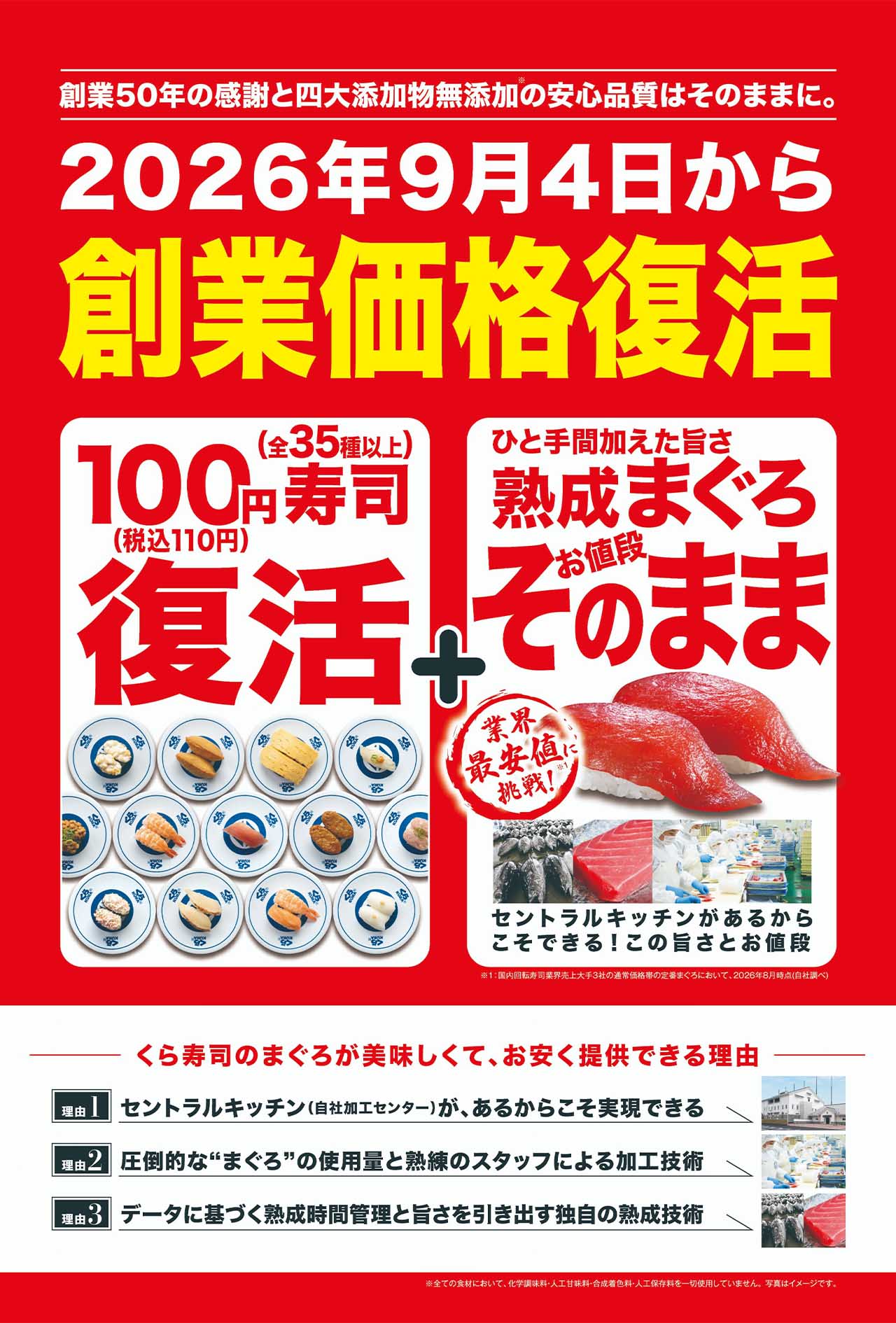 全35種以上の商品を110円に値下げすることを発表したくら寿司（くら寿司公式Xより）