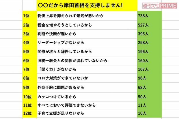「主婦3000人緊急アンケート」
岸田文雄首相を「支持する」と回答したのは276人。「なし」や「わからない」など、分類ができない108人の回答は無効とした。※アンケートは12月6日、7日に全国18～70歳の既婚女性3000人を対象にインターネット上で実施。編集部で用意した「支持しない理由」と「支持する」という選択肢を設け、それ以外の理由と期待することは記述式で答えてもらった