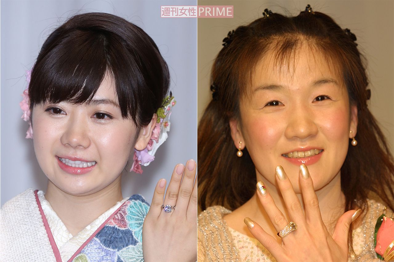 婚約指輪を披露する福原愛（2016年）と谷亮子（2003年）