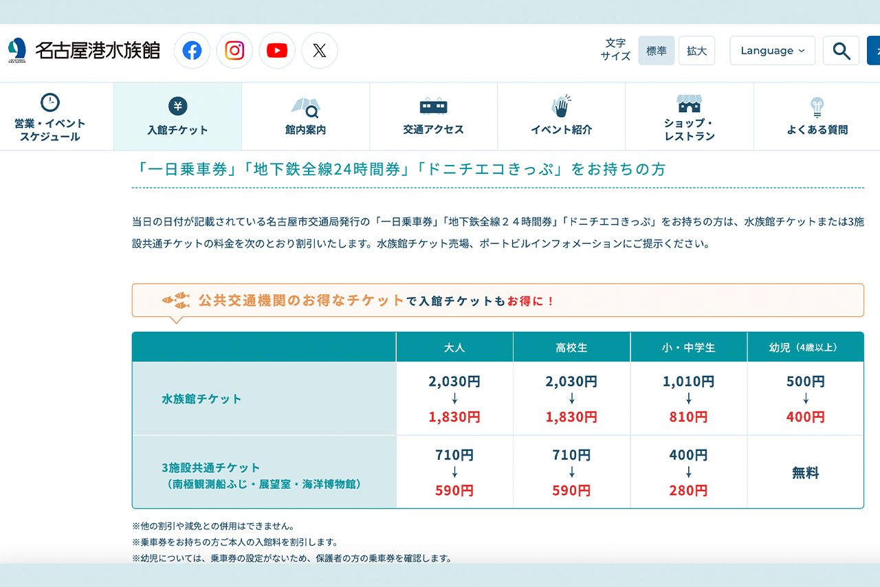 名古屋市交通局のお得なきっぷを提示すれば200円引きで入館できる（公式サイトより）