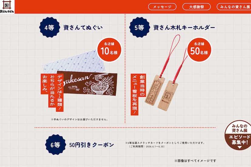 『資さんうどん』の創業50周年記念「大感謝祭」スクラッチくじ4等の「資さんてぬぐい」と5等の「資さん木札キーホルダー」。6等は50円引きクーポン（公式サイトより）