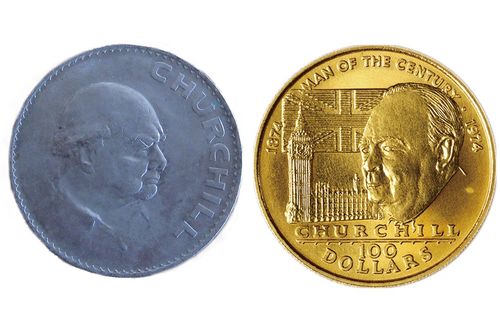 図1：チャーチルの顔が彫られたコイン　横顔（左）や斜め正面（右）など、いくつかの種類がある　出典／馬場悠男『「顏」の進化』（講談社ブルーバックス）
