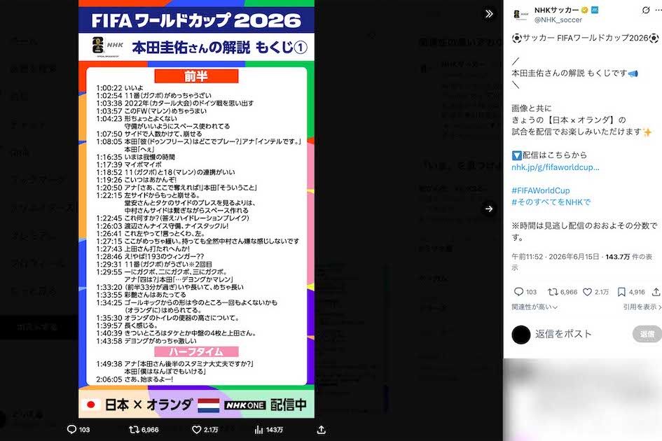 2026 FIFAワールドカップ日本代表対オランダ代表戦の試合後には、NHKサッカー公式SNSが本田圭佑の“解説もくじ”を紹介（Xより）