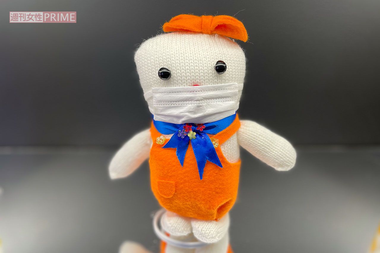 【マスクの猫ちゃん（作者不詳）】どこかで見たような形状なのは、もちろんみんなを喜ばせたいから。売りものではありません。マスクもしていて時代性にもマッチ。こちらも軍手からの華麗なる変身