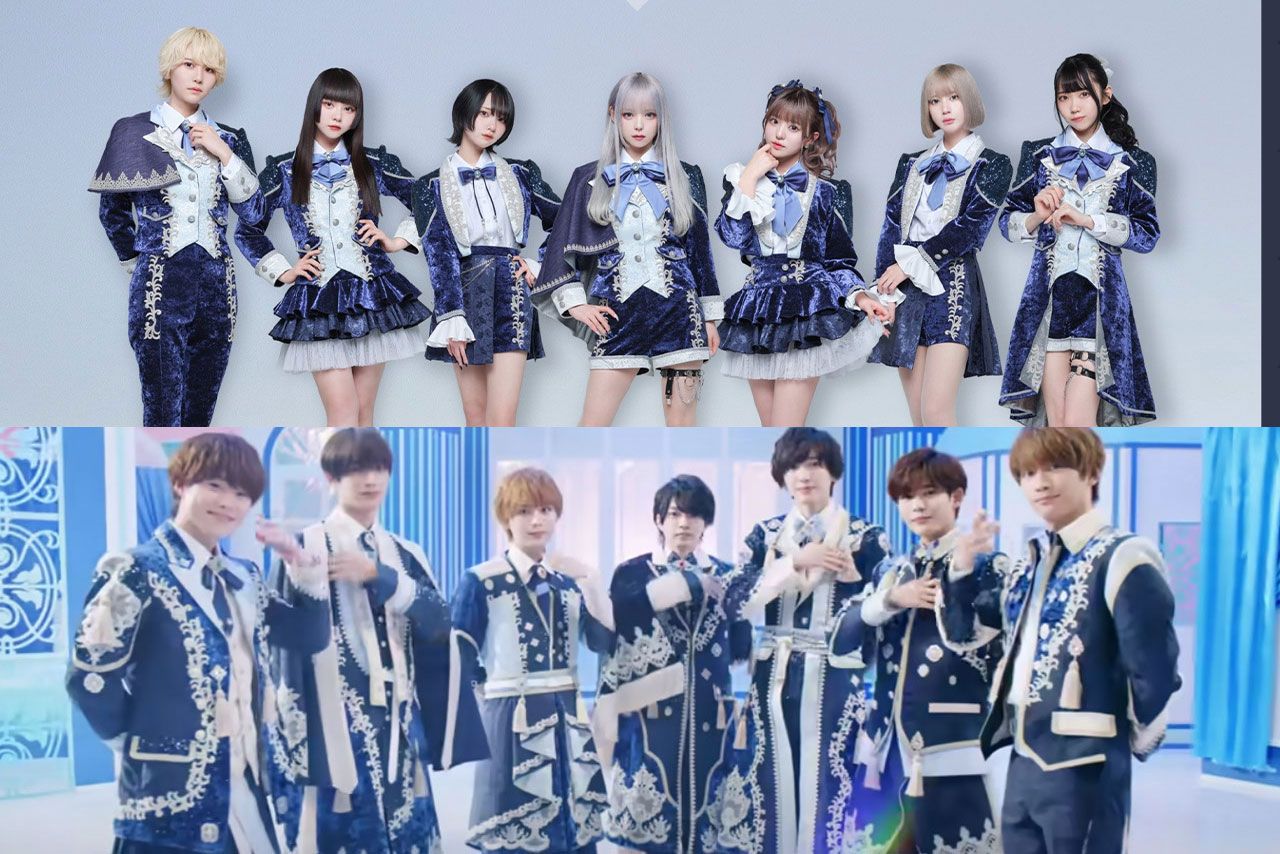 AVAM（上）となにわ男子の衣装を比べると共通点が多い（公式SNSと公式YouTubeチャンネルより）