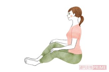 （1）足裏を合わせて床に座り、足裏、両ひざ裏、股関節でひし形を作ります。ひざを曲げすぎると背中が丸まったり、後ろに倒れてしまうので注意。　イラスト／中村奈々子