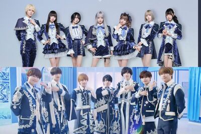 AVAM（上）となにわ男子の衣装を比べると共通点が多い（公式SNSと公式YouTubeチャンネルより）