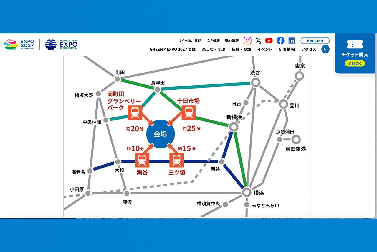 2027年国際園芸博覧会（GREEN×EXPO2027）会場はどこの駅からも徒歩で行くのは微妙な距離だ（公式サイトより）