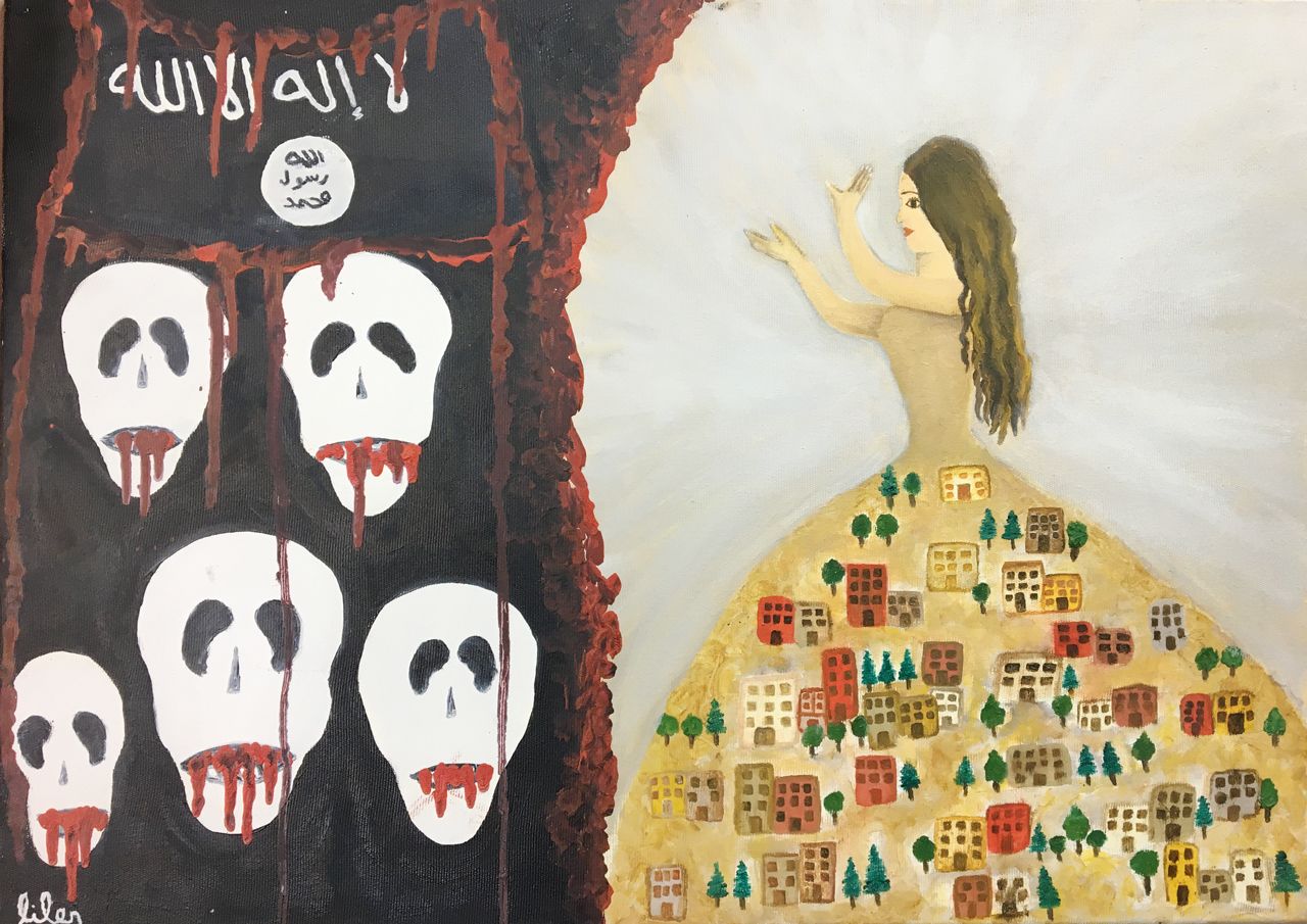 子どもたちが現地の様子などをサインペンで絵にした展覧会の作品