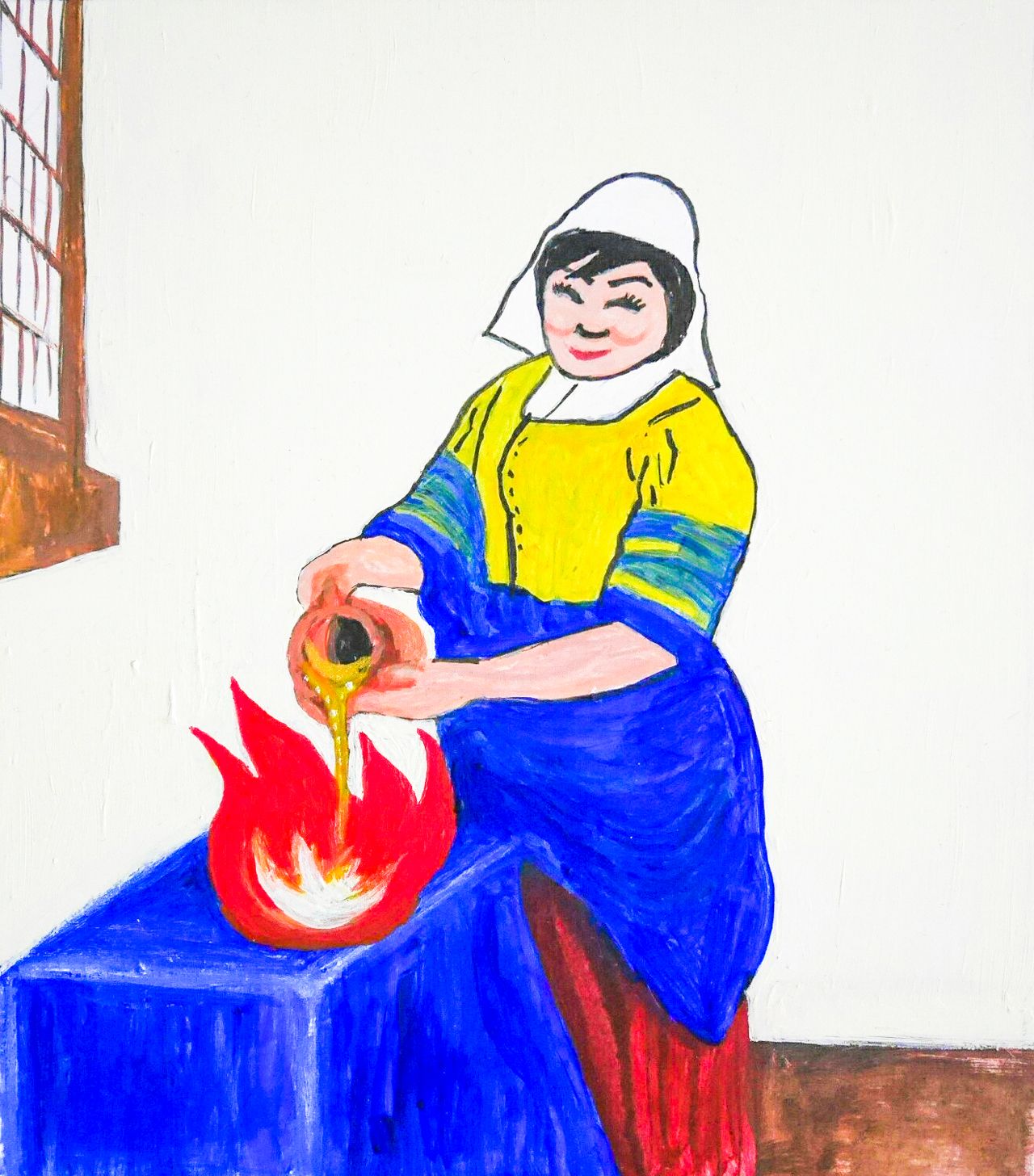 火に油を注ぐ女　安倍昭恵夫人を思わせる女性がモデルでフェルメール代表作のパロディーを。「悪気はないが、ついつい空気の読めない行動をする」　『永田町絵画館』より