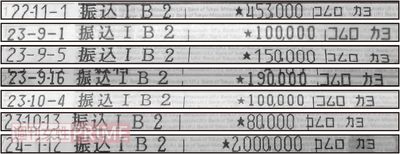 竹田さんが佳代さんに送金した際の振り込み記録。援助を受けていたにもかかわらず遺族年金を受けっとていた詐取疑惑が浮かび上がった