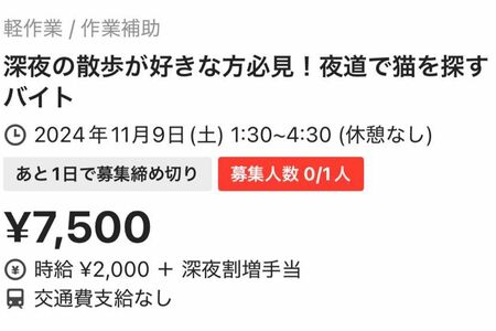 『タイミー』上で“闇バイト”ではないかと波紋が広がった求人募集（ネット上で拡散されている投稿より）